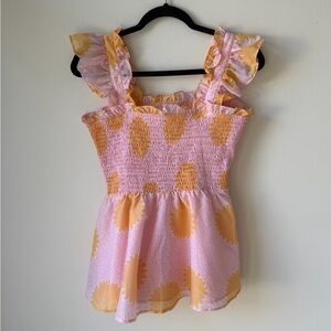 J. Marie Size Medium Ruffle Pastel Pink and Orange Blouse Tank Gauzy Cinched